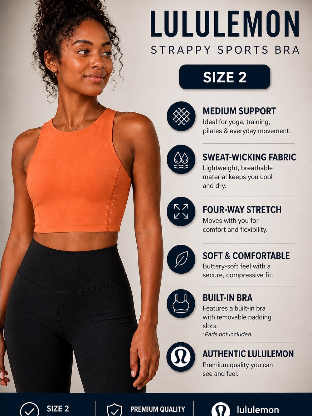 Lululemon Energy Bra High Neck Orange Size 2 Support Yoga Workout Crop Top